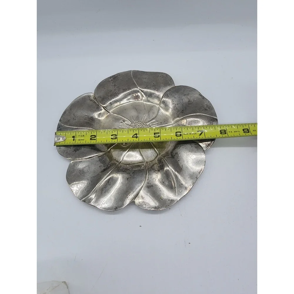 Vintage Silver Tone Poppy Flower Trinket Dish Decorative Metal Floral Tray 7.25